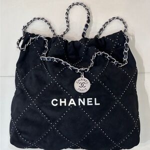 CHANEL Black Quilted Tote with Silver Accents